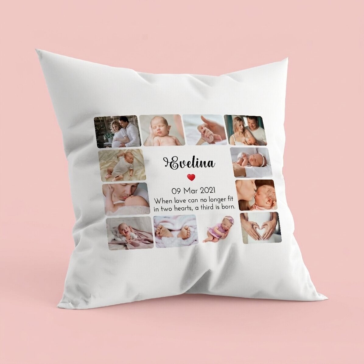 Personalisiertes Kissen mit 12 Fotos und Text – Baby
