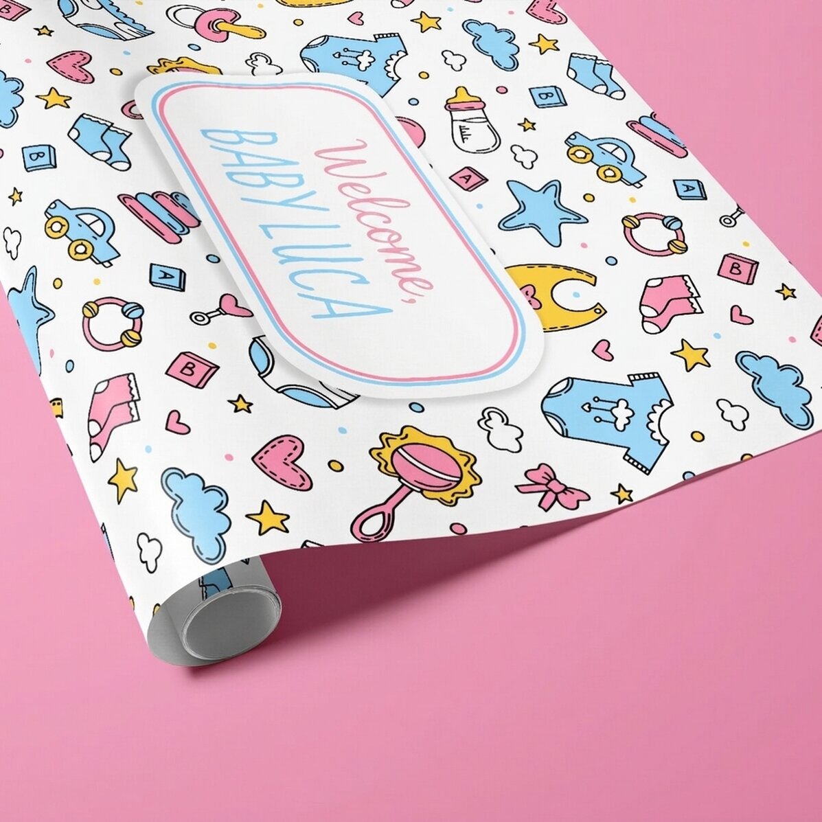 Individuell gestaltetes Geschenkpapier mit Text – „New Baby“