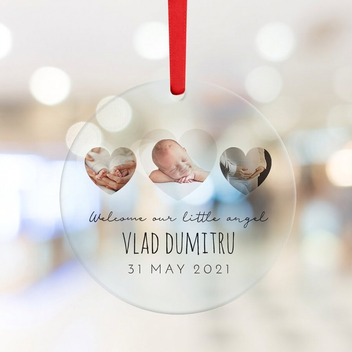 Individuell gestaltete runde Dekoration mit Text und Foto – Newborn