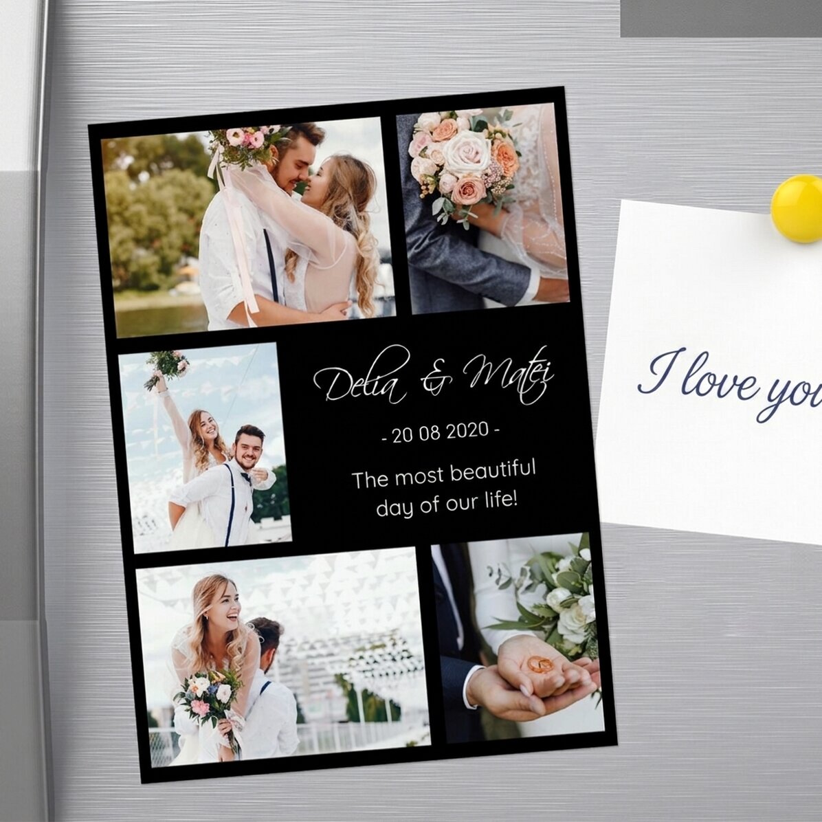 Individuell gestalteter Magnet (13 x 18 cm) mit 5 Fotos und Text