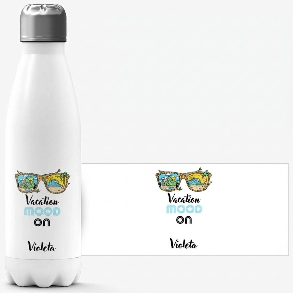 Thermoskanne mit weißem Boden, individuell mit Namen bedruckt – Vacation mood ON