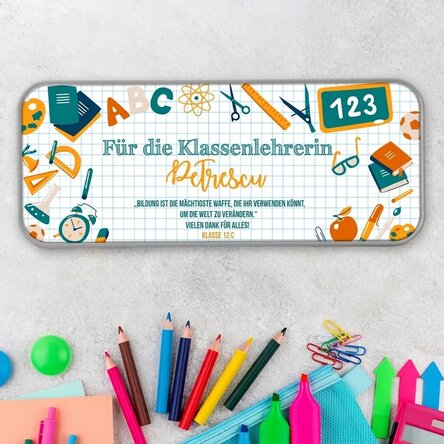 Personalisiertes Federmäppchen mit Text für Lehrer
