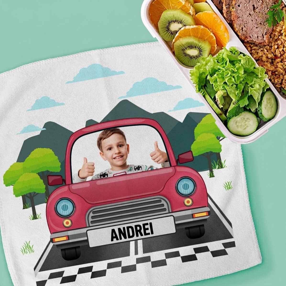 Personalisiertes Handtuch mit Foto und Text für Kinder – Auto