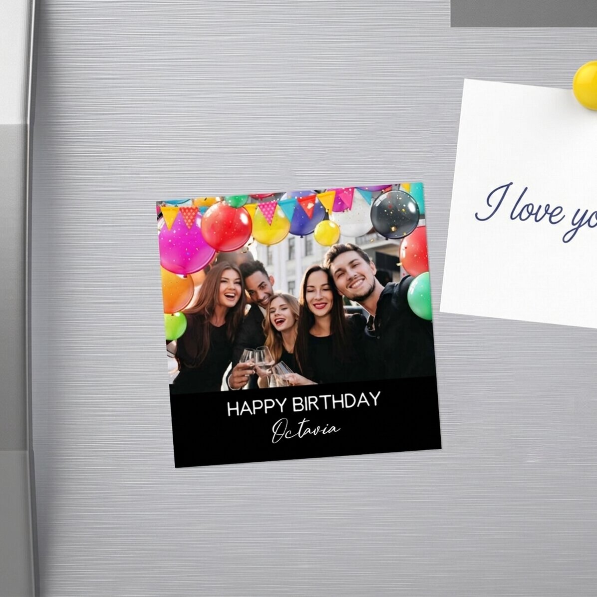 Individuell gestalteter Magnet (10 x 10) mit Foto und Text – Happy Birthday
