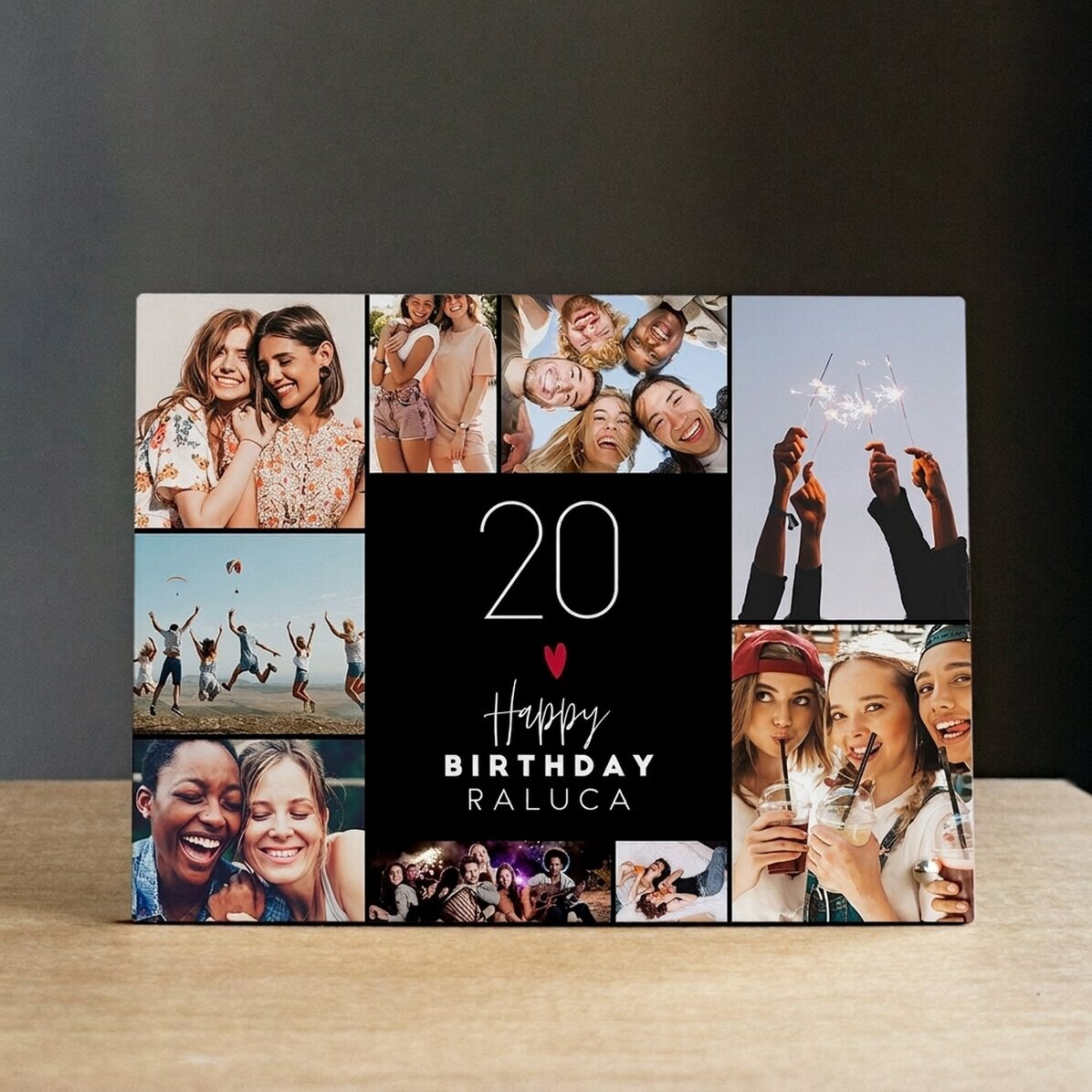 Personalisierter Fotorahmen für den Schreibtisch mit 9 Fotos und Text – Happy Birthday