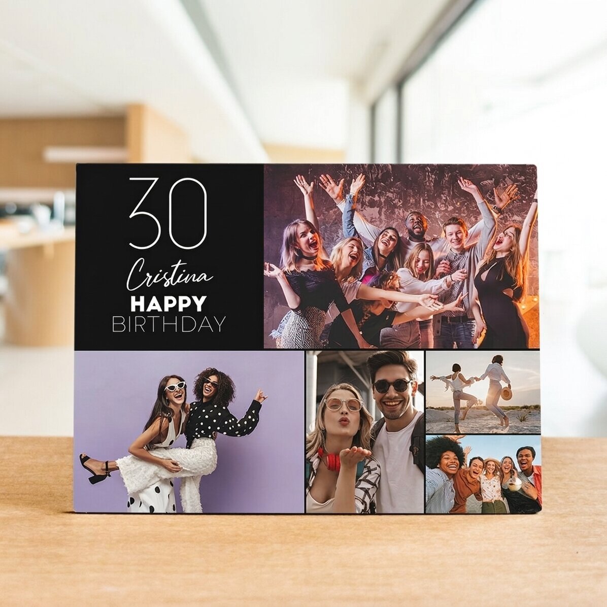 Personalisierter Fotorahmen für den Schreibtisch mit 5 Fotos und Text – Happy Birthday