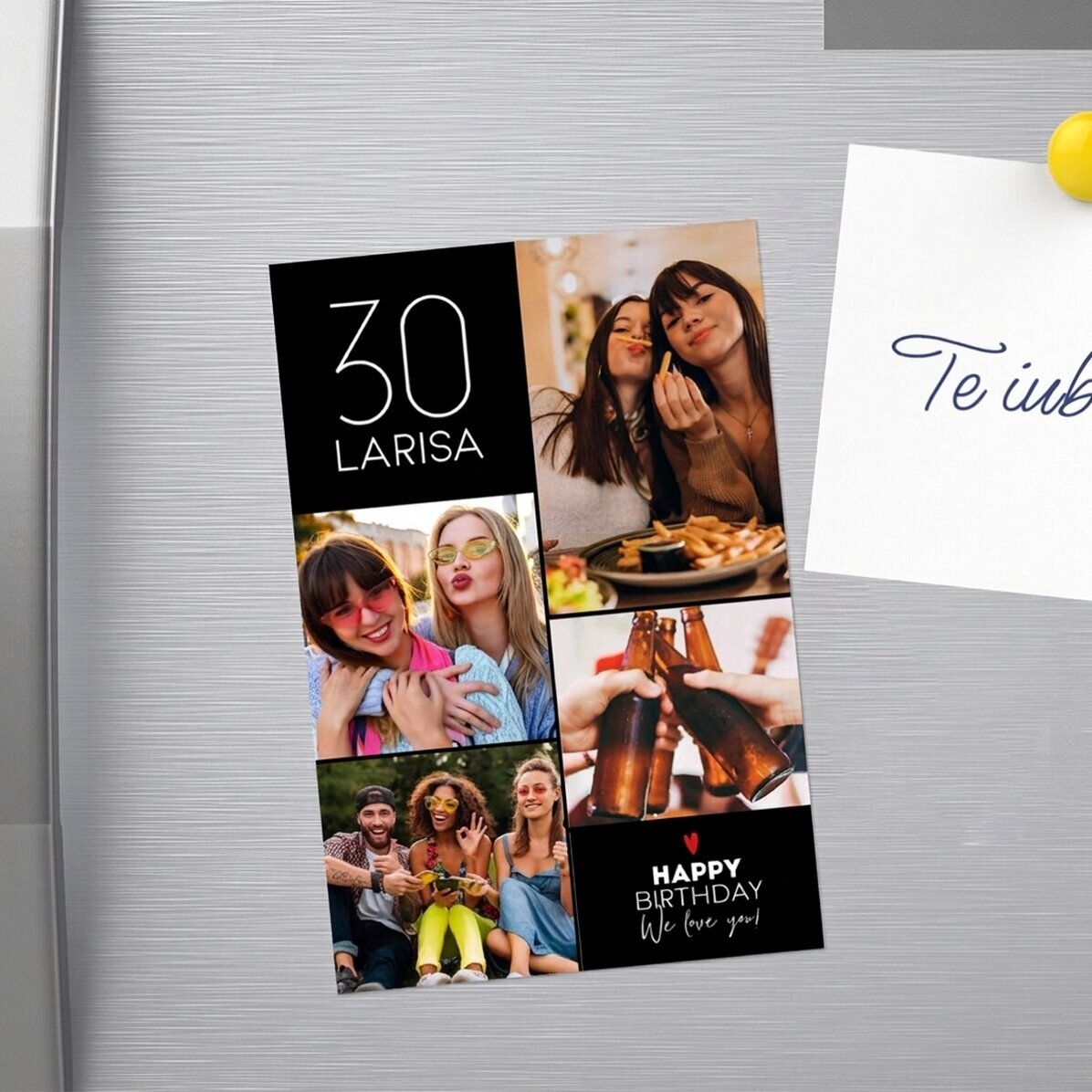 Individuell gestalteter Magnet (10 x 15 cm) mit Text und 4 Fotos – Happy Birthday