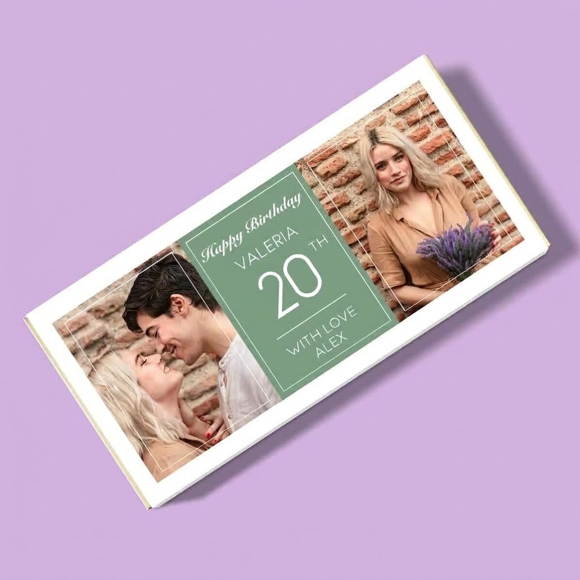 Personalisierte Schokolade mit zwei Fotos und Text – Geburtstag