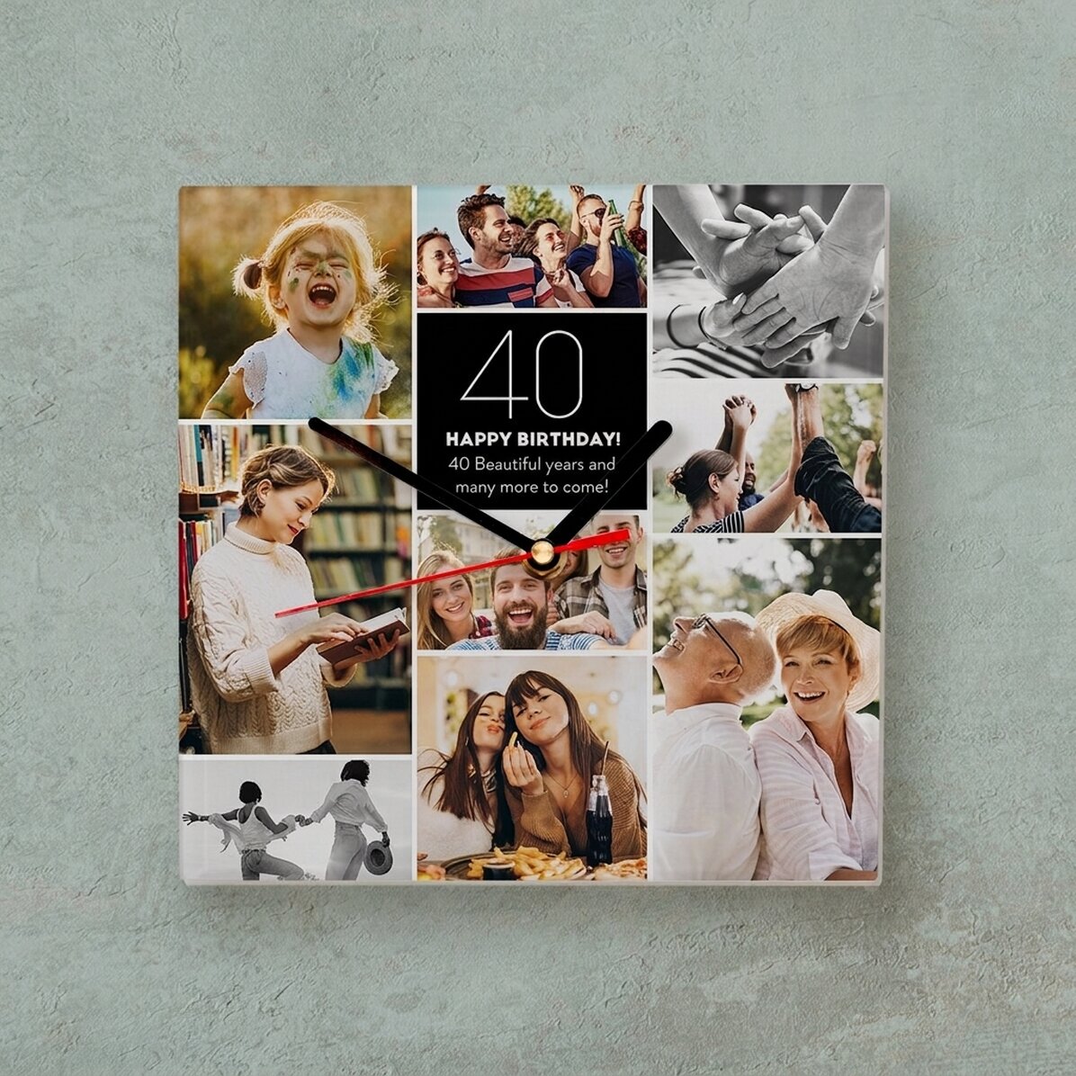 Personalisierte quadratische Uhr mit Text und 9 Fotos – Geburtstag