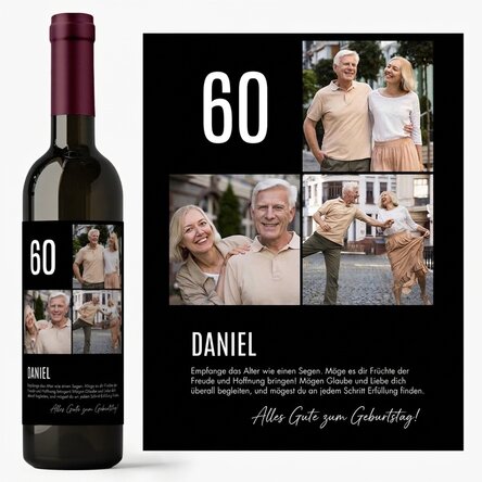 Personalisierter Wein mit Text und 3 Fotos zum Geburtstag – 60