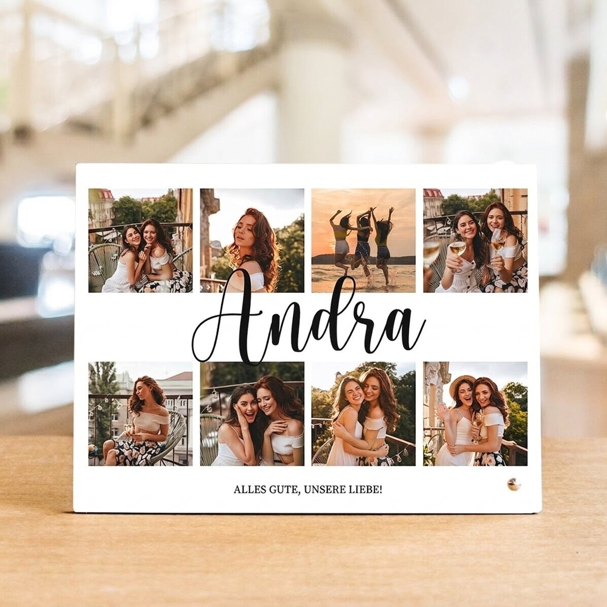 Personalisierter Fotorahmen für den Schreibtisch mit 8 Fotos und Text – Freude