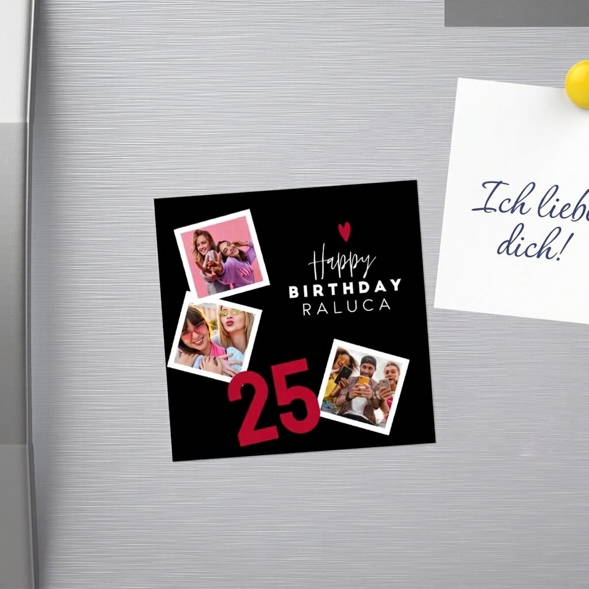 Individuell gestalteter Magnet (10 x 10) mit 3 Fotos und Text – Herzlichen Glückwunsch zum Geburtsta