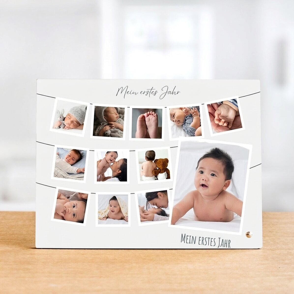 Personalisierter Fotorahmen für den Schreibtisch mit 12 Fotos und Text – Mein erstes Jahr