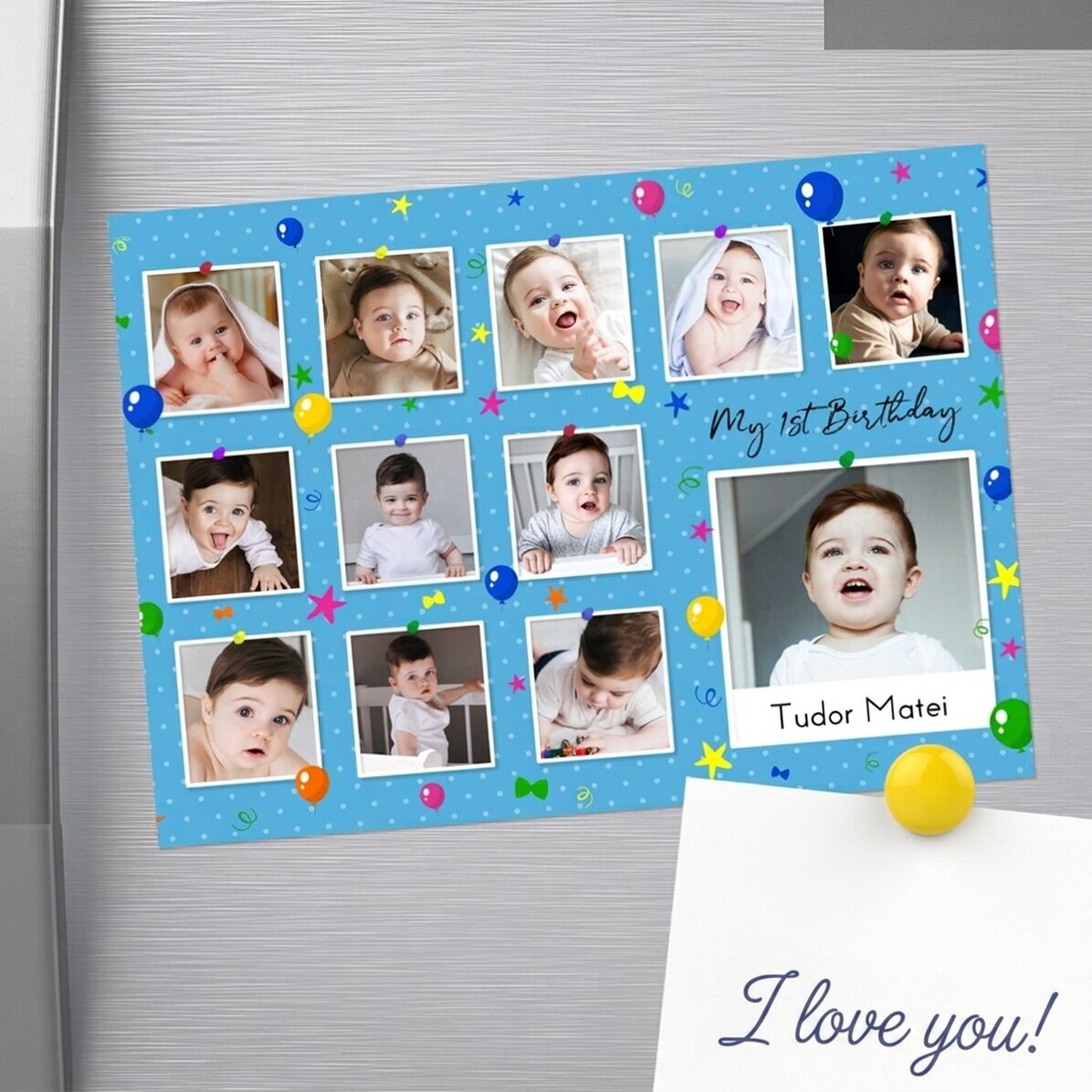 Individuell gestalteter Magnet (18 x 13 cm) mit Fotos und Text – Mein erster Geburtstag