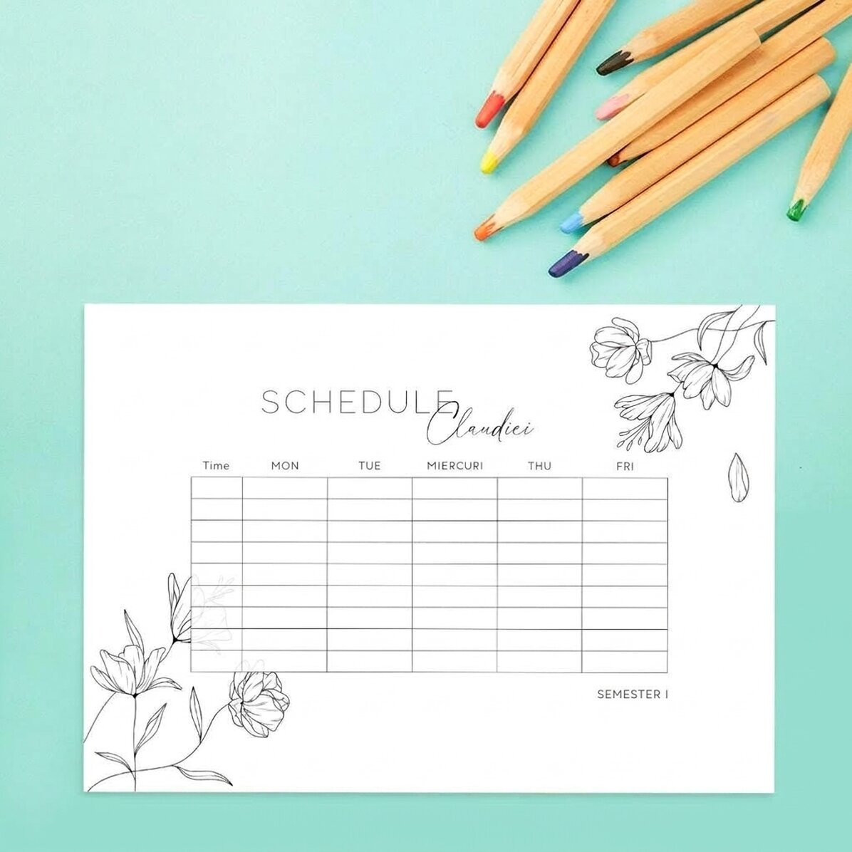 Individuell gestalteter Stundenplan mit Namen – Flowers