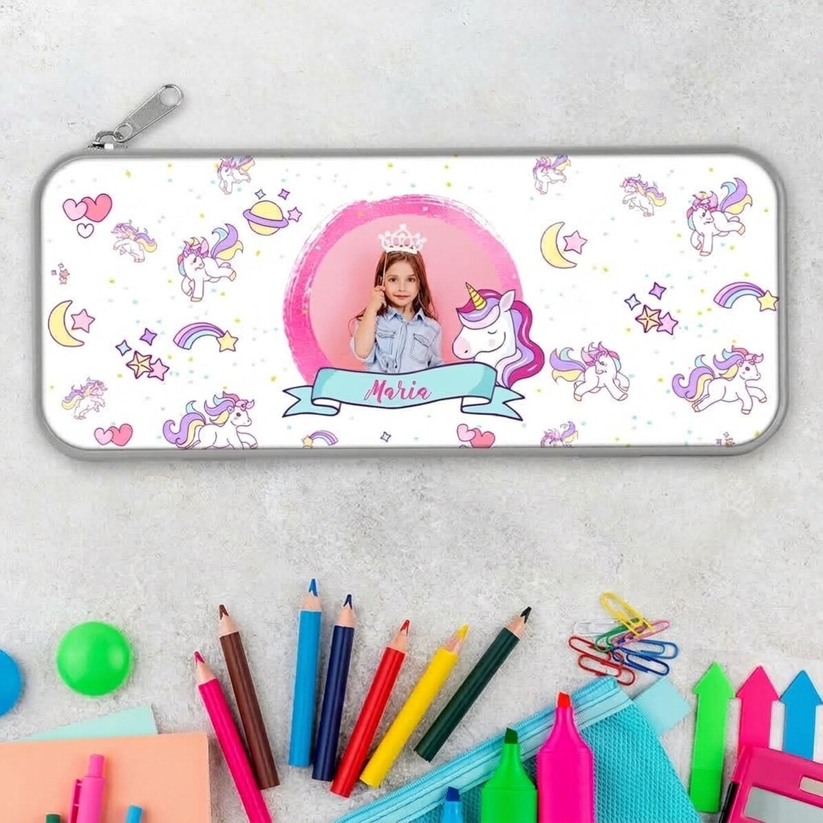 Personalisiertes Federmäppchen mit Foto und Text – Einhorn