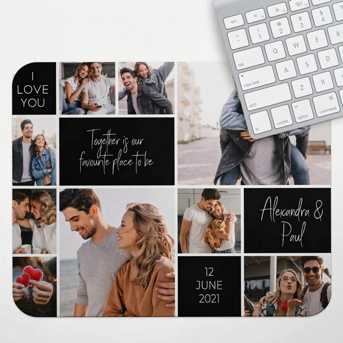 Individuell gestaltetes XL-Mauspad mit 9 Fotos und Text – Memories