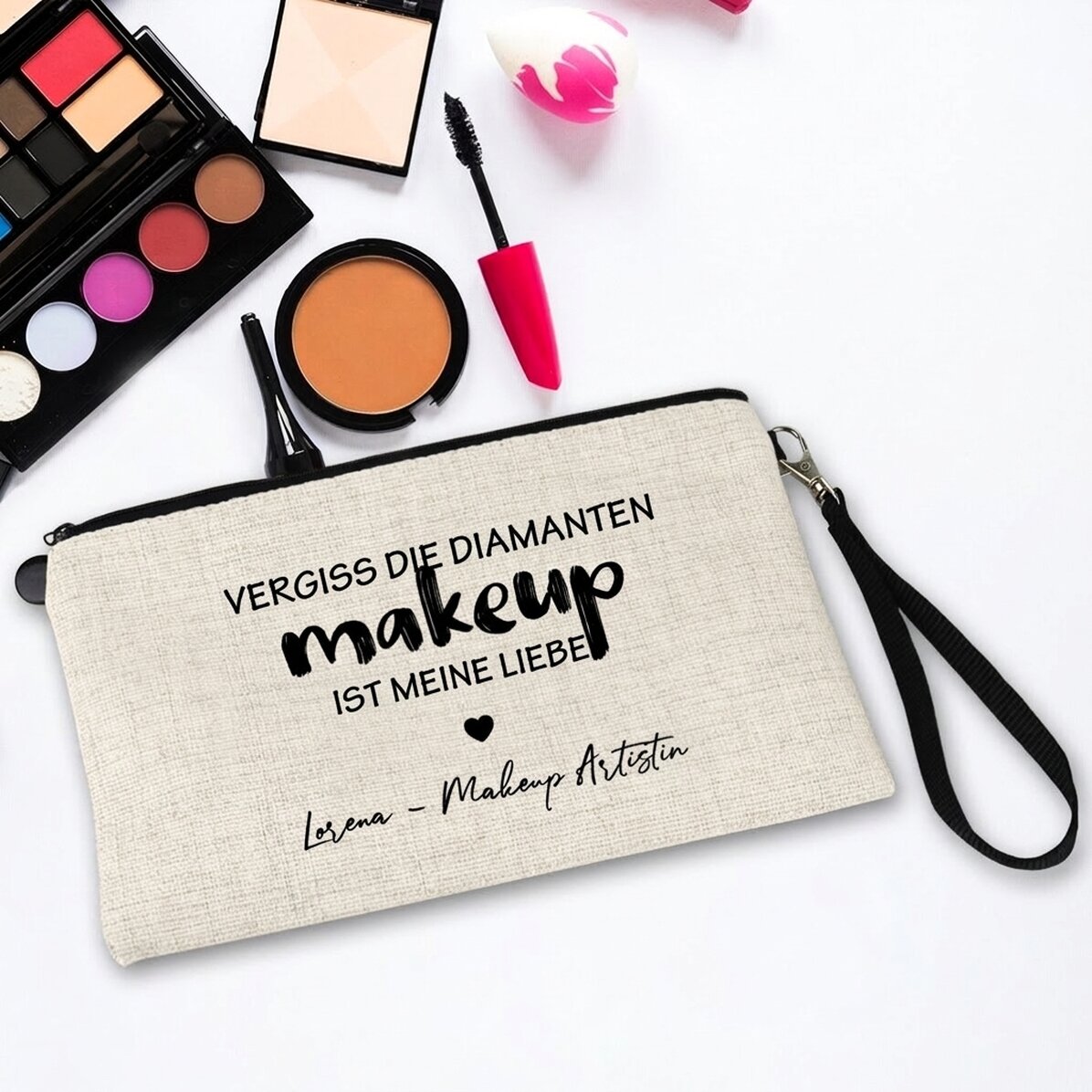 Personalisierte Kosmetiktasche mit Schriftzug – „I love makeup“