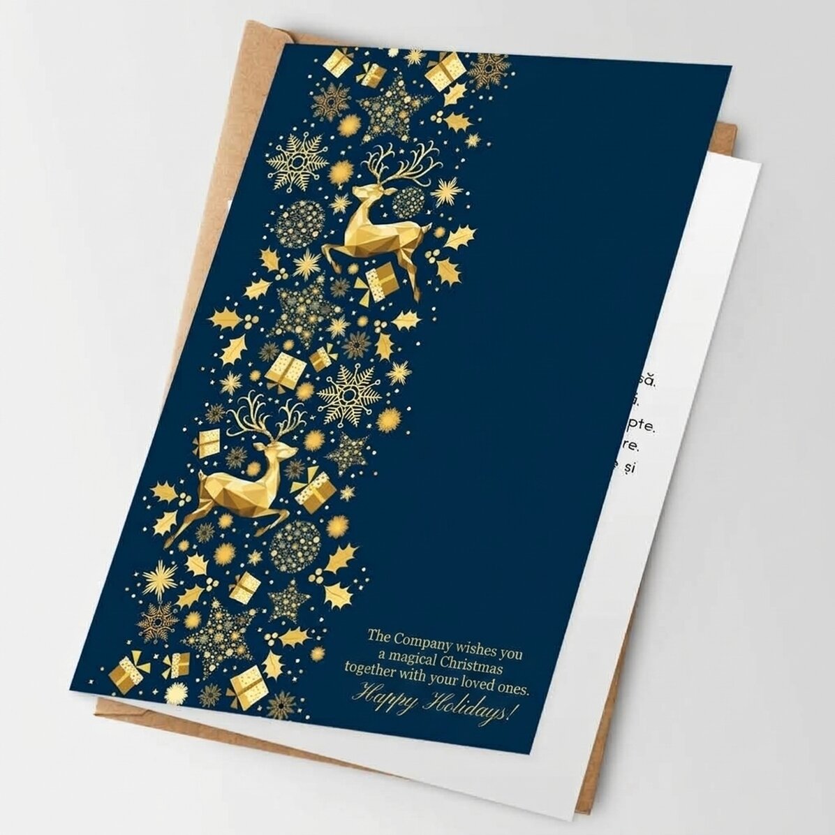Personalisierte Grußkarte, Vorderseite und Rückseite mit Text und Logo – Weihnachtsgeschichte