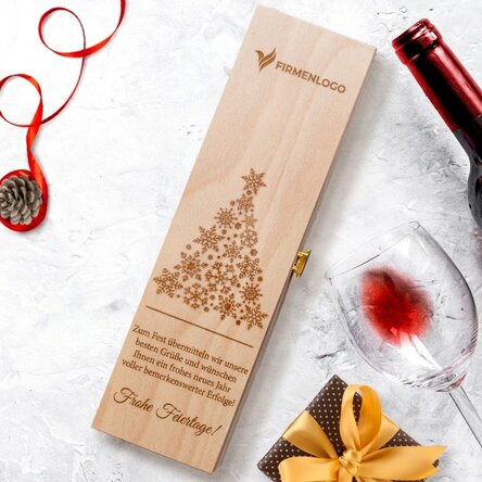 Personalisierte Weinkiste mit Logo und Grußtext – Frohe Weihnachten!