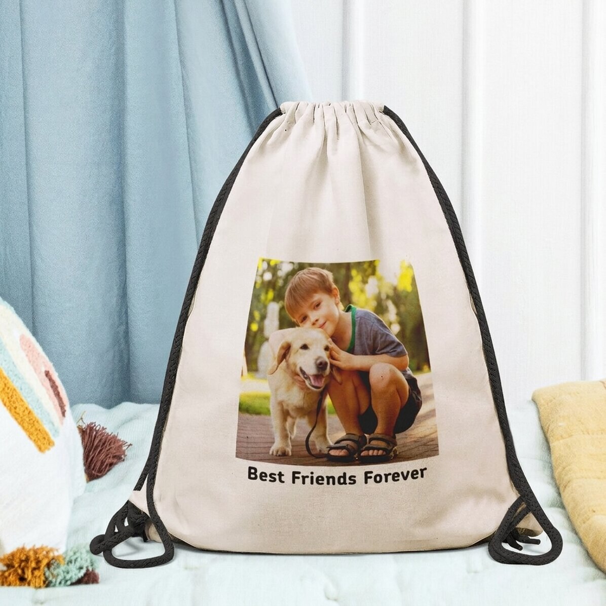 Personalisierter Rucksack mit einem quadratischen Foto und einem Text