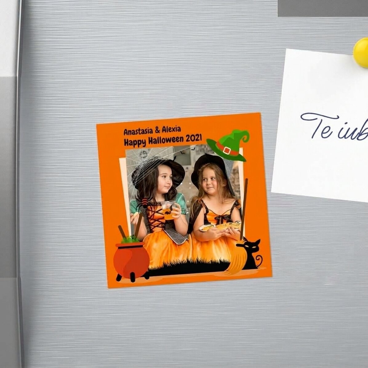 Individuell gestalteter 10x10-Magnet mit Foto und Text – Halloween