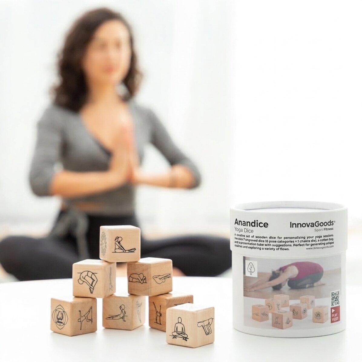 Yoga-Spiel mit 7 Holzwürfeln