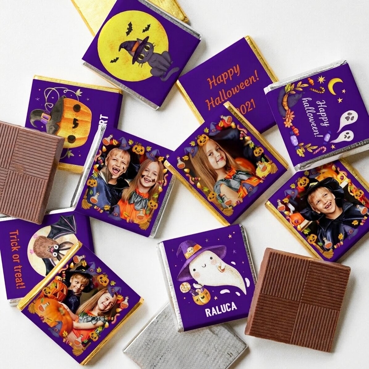 10er-Set personalisierte Mini-Pralinen mit Fotos und Text – Halloween