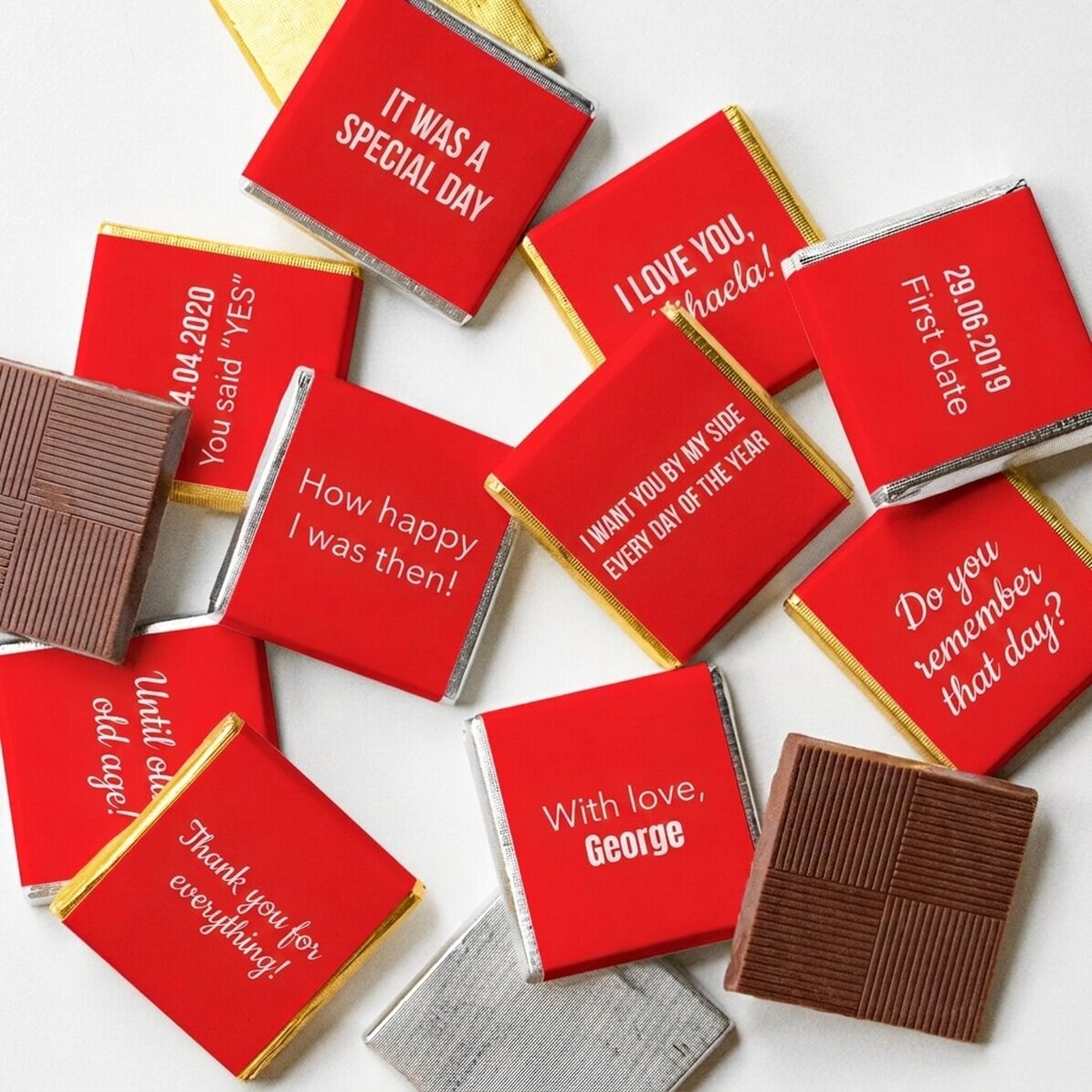 Set mit 10 personalisierten Mini-Pralinen mit Text