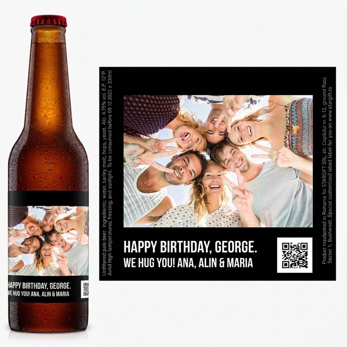 Individuell gestaltetes Bier mit einem Foto und einem QR-Code