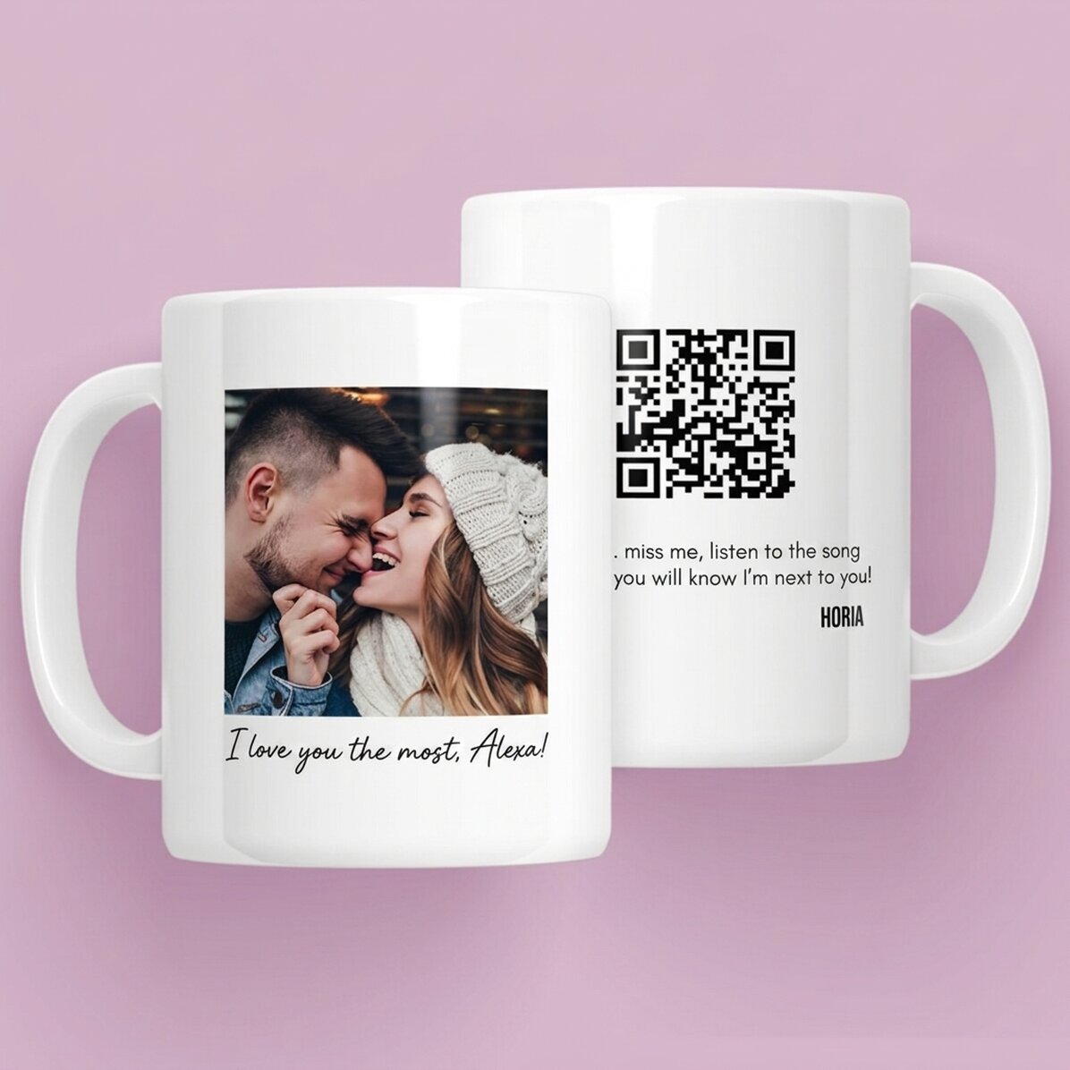 Personalisierte Tasse mit Foto, Botschaft und QR-Code