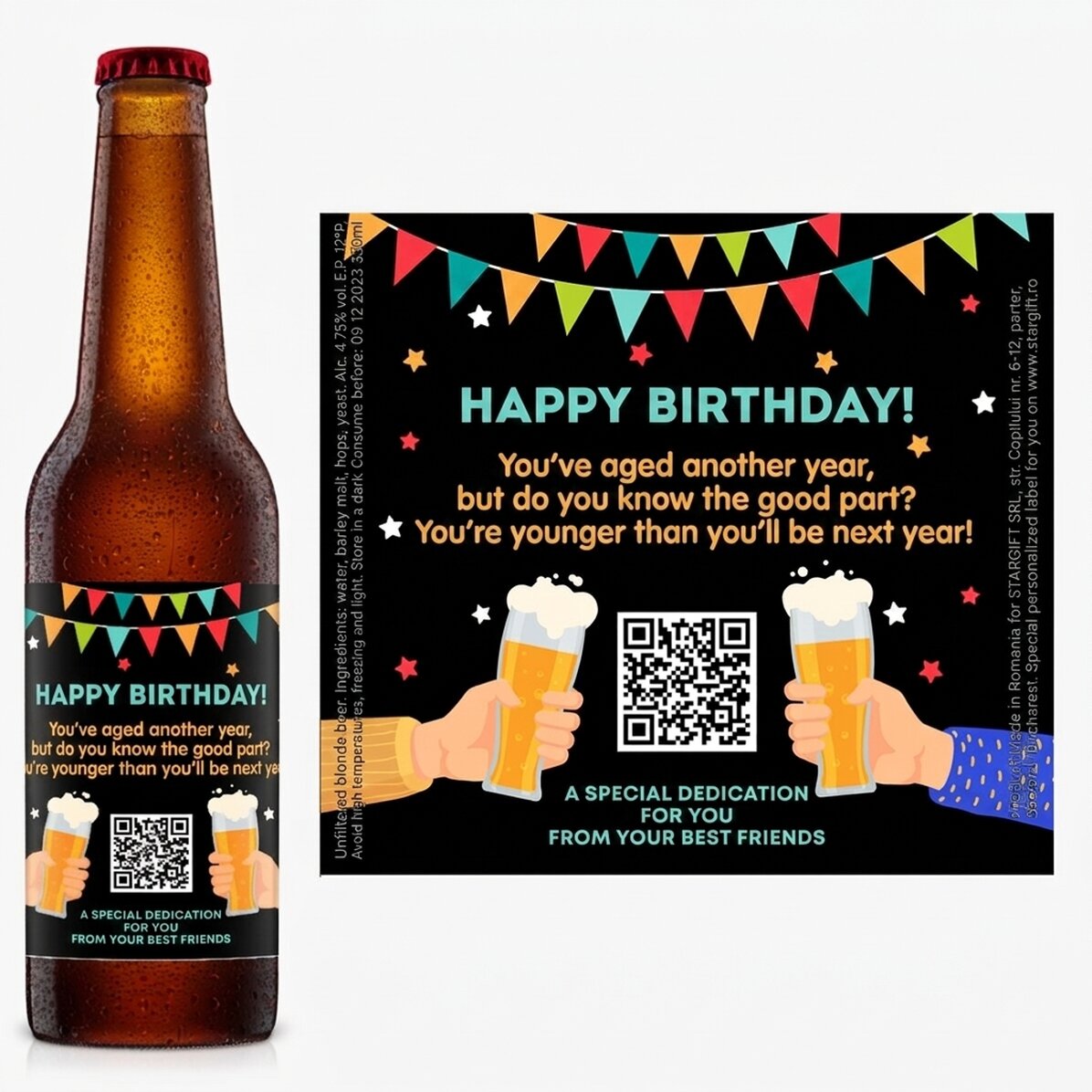 Individuell gestaltetes Bier mit QR-Code und Text – Happy Birthday