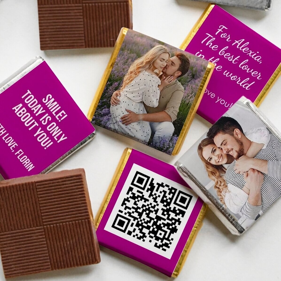 Set mit 5 personalisierten Mini-Pralinen mit Fotos, QR-Code und Text – Für einen lieben Menschen