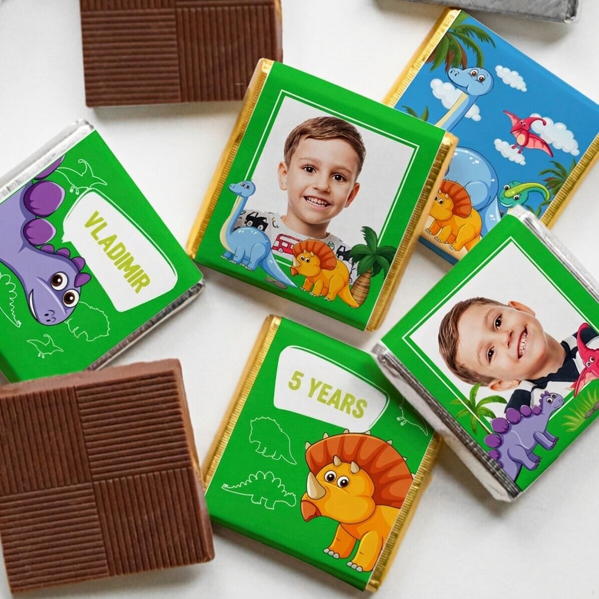 Set mit 5 personalisierten Mini-Pralinen mit Fotos und Text – Dinosaurier
