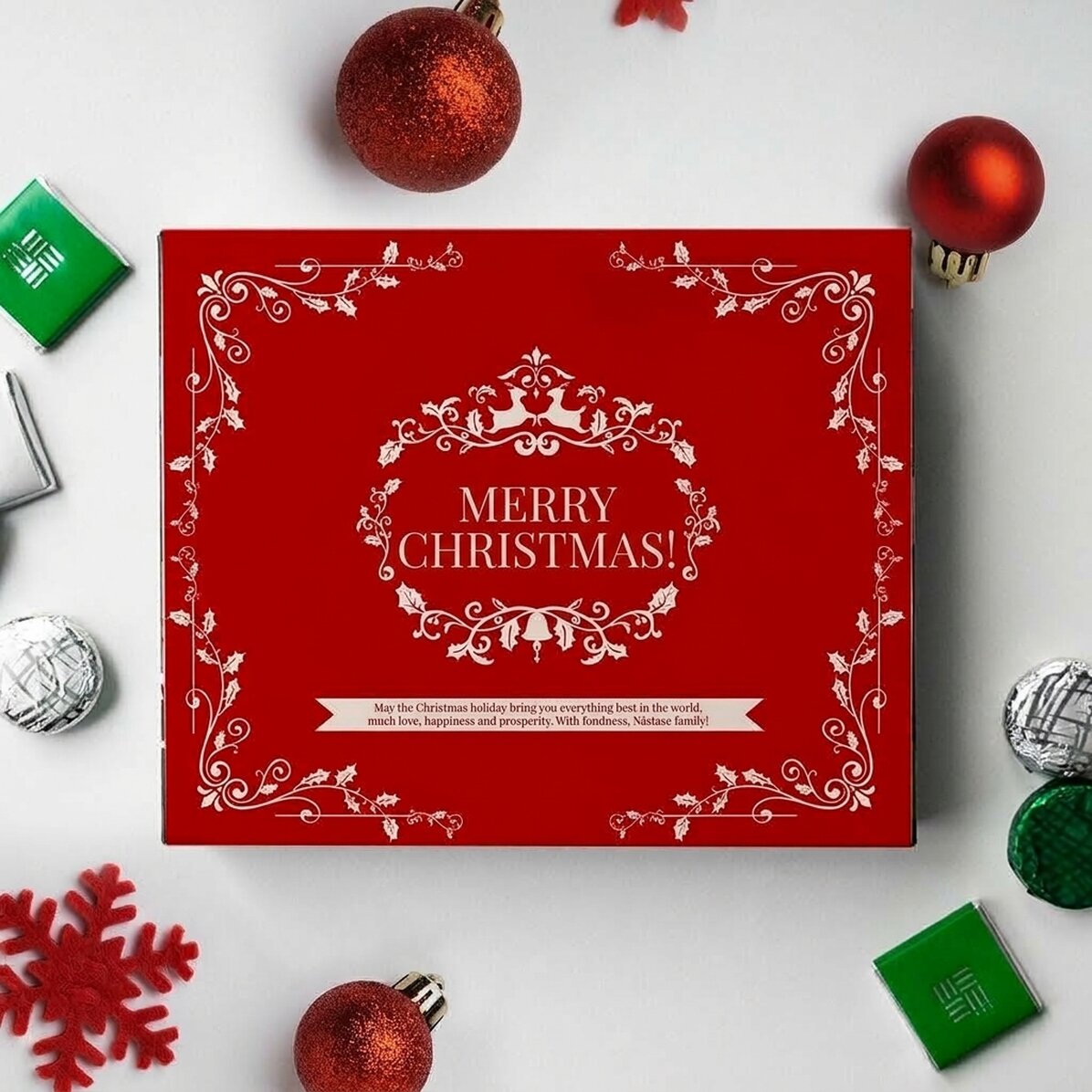 Personalisierte Pralinenschachtel mit Aufdruck – Frohe Weihnachten!