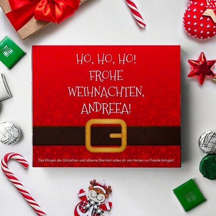 Personalisierte Pralinenschachtel mit Schriftzug – Ho, ho, ho!