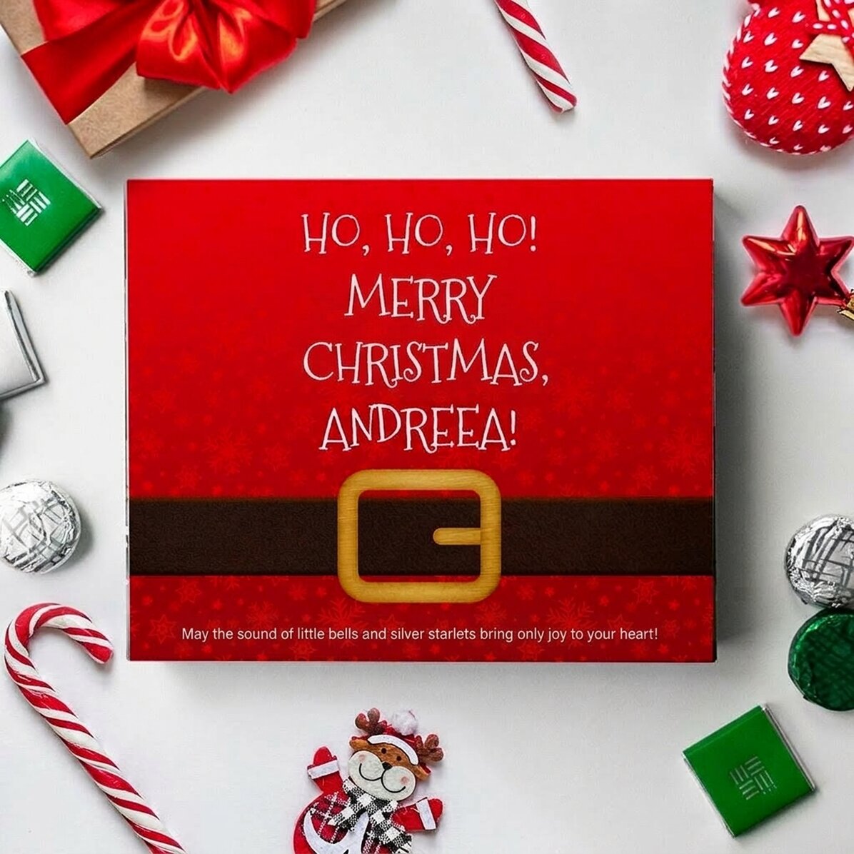 Personalisierte Pralinenschachtel mit Schriftzug – Ho, ho, ho!
