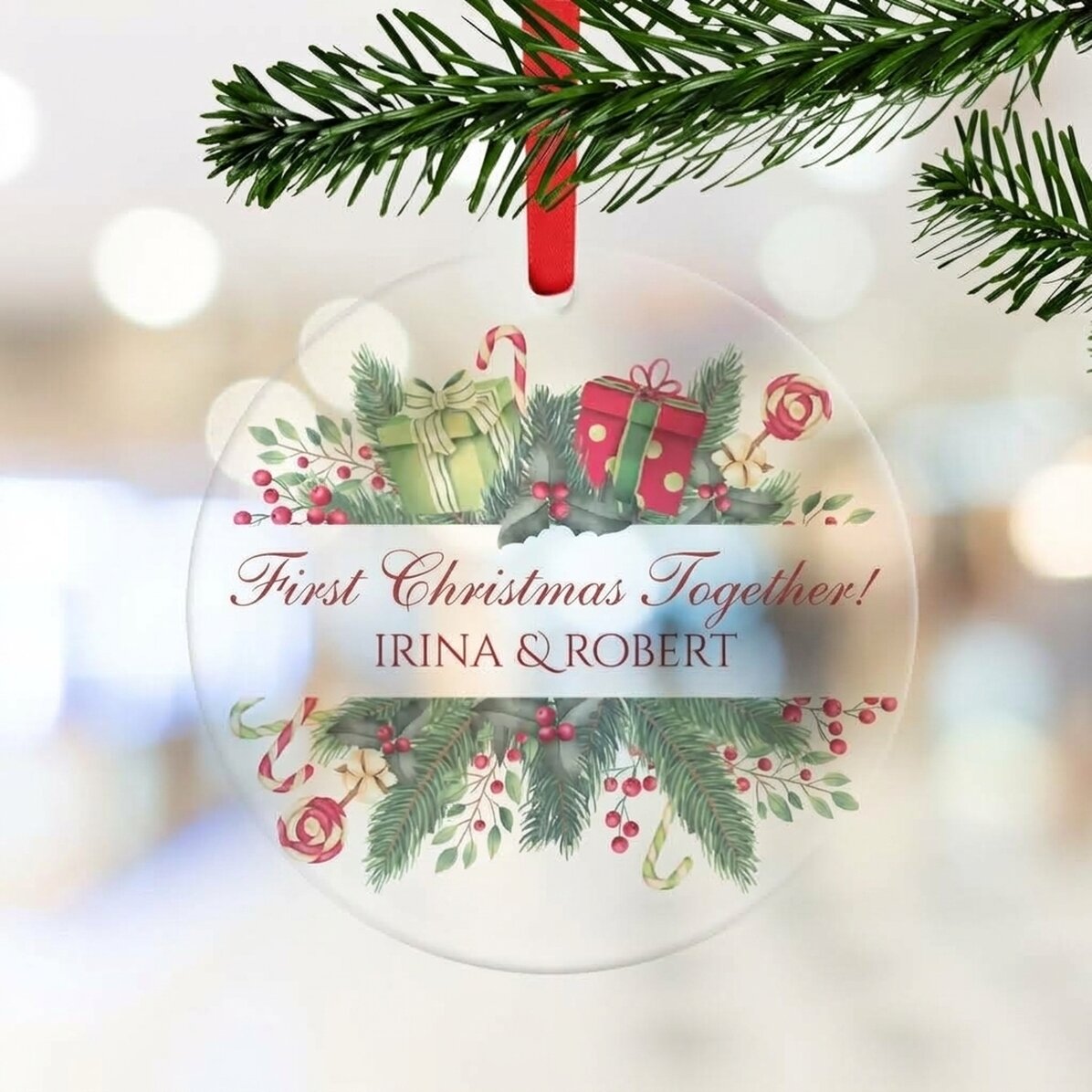 Individuell gestaltete runde Dekoration mit Schriftzug – Frohe Weihnachten