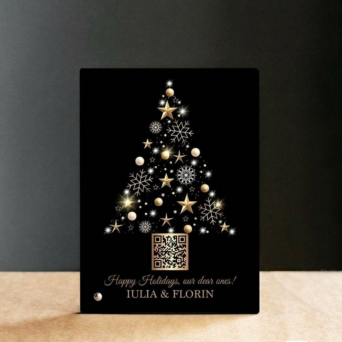Personalisierter Fotorahmen für den Schreibtisch mit QR-Code und Weihnachtsgruß