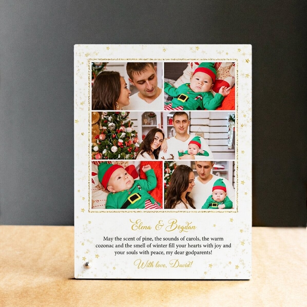 Personalisierter Fotorahmen für den Schreibtisch mit Bildern und Text – Goldene Sternchen