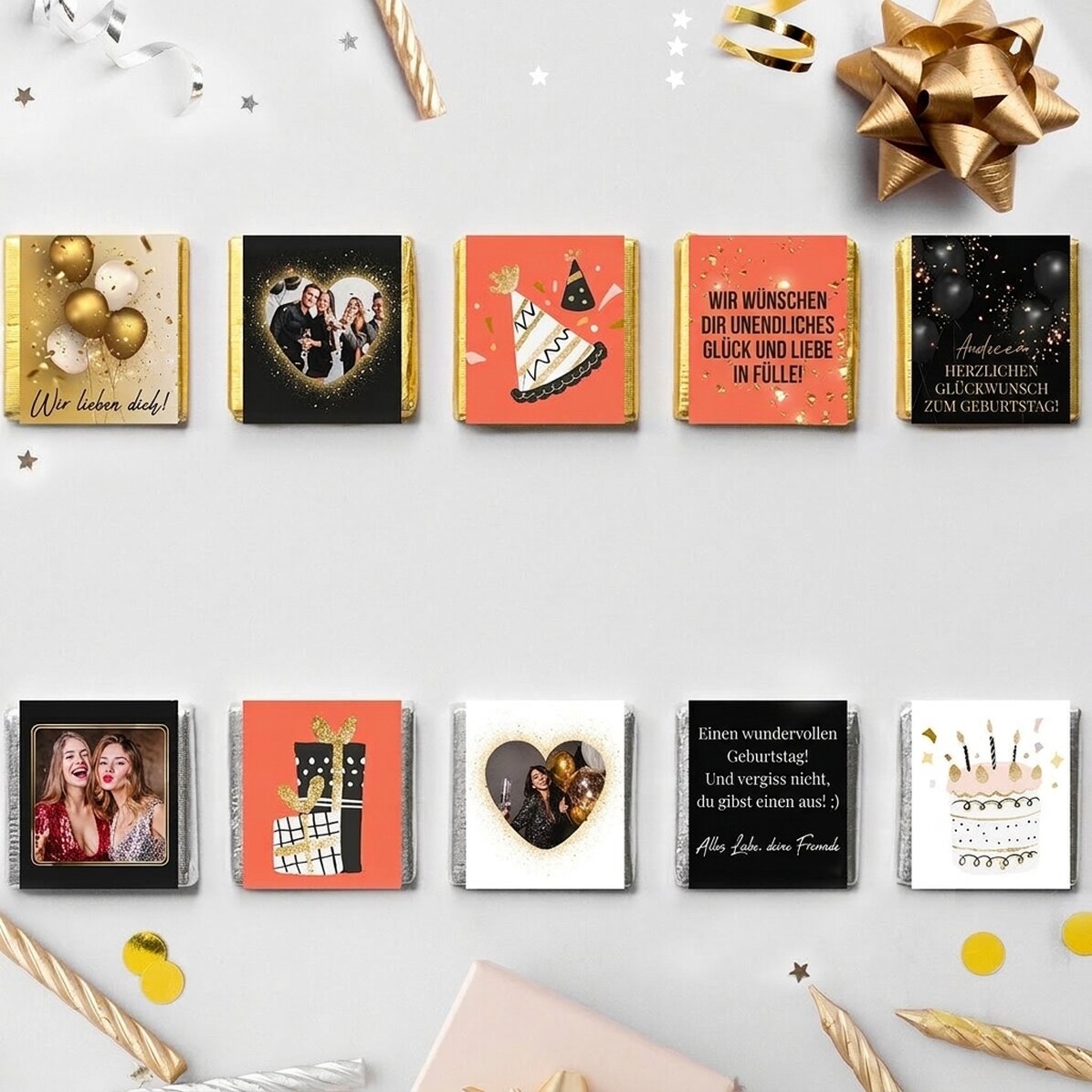 Set mit 10 personalisierten Mini-Pralinen zum Geburtstag
