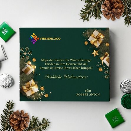 Individuell gestaltete Pralinenschachtel mit Logo und Text – Frohe Feiertage