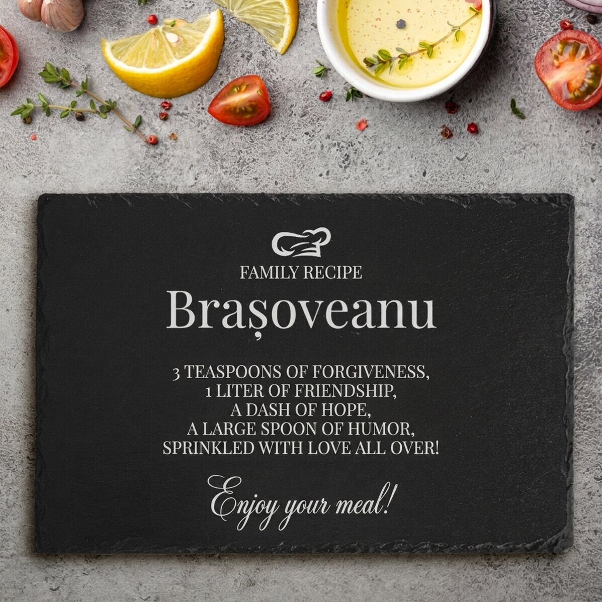 Individuell gravierte Schieferplatte mit Text – Familienrezept