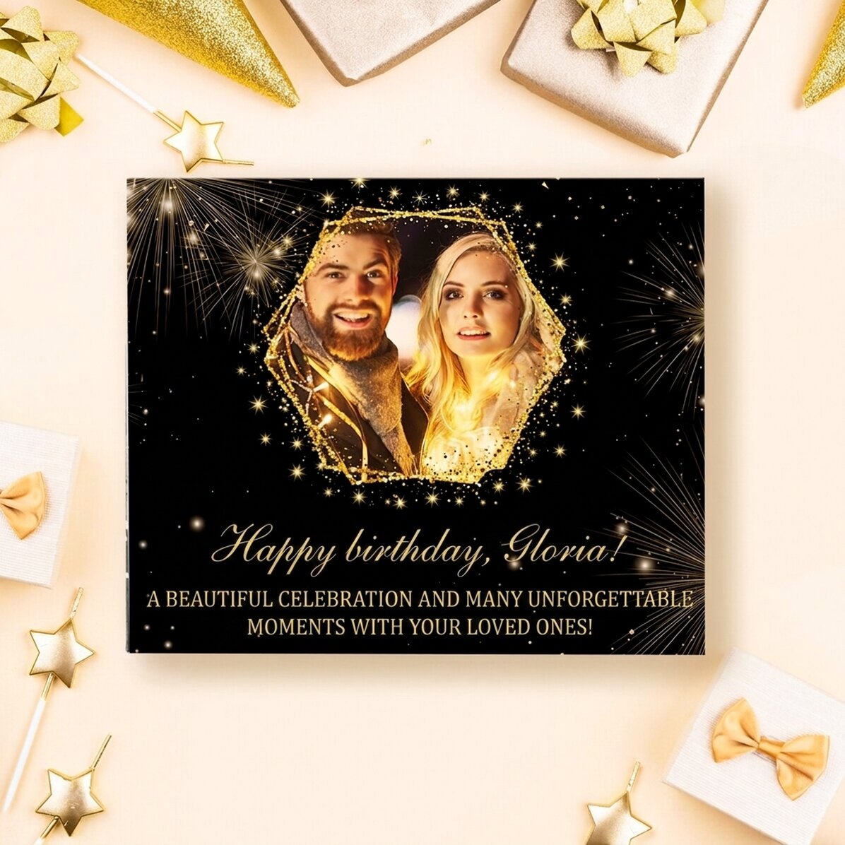 Personalisierte Pralinenschachtel mit Foto und Text – Golden