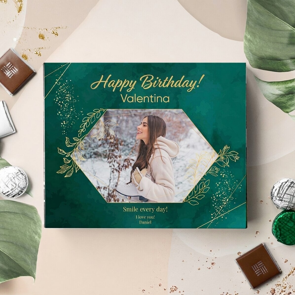 Personalisierte Pralinenschachtel mit Foto und Text – Herzlichen Glückwunsch zum Geburtstag!