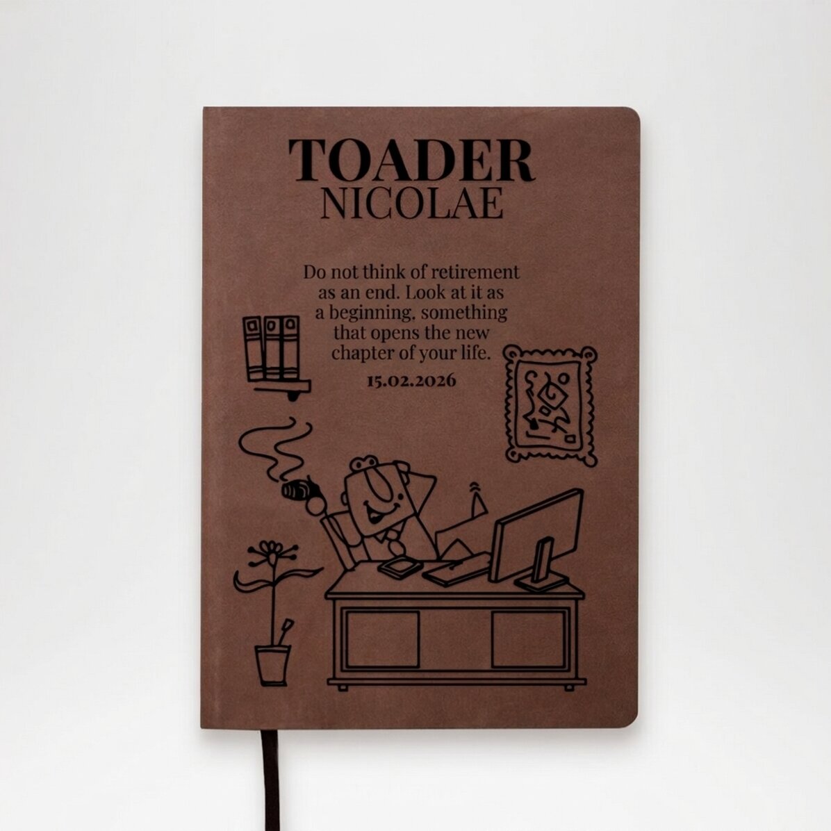 Personalisierter Lederkalender mit einer Botschaft zum Ruhestand