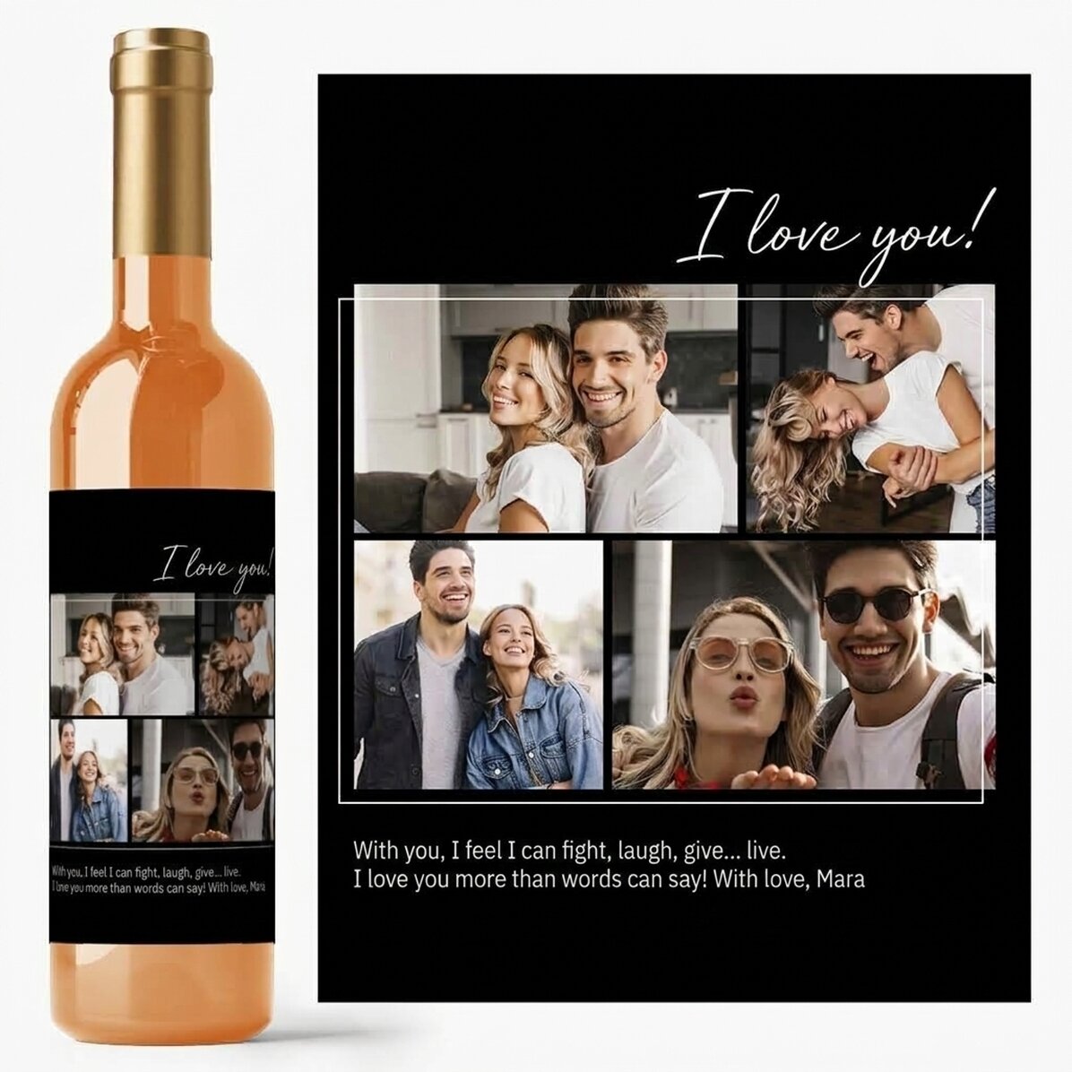 Personalisierter Wein mit 4 Fotos und einem Text für den Liebsten