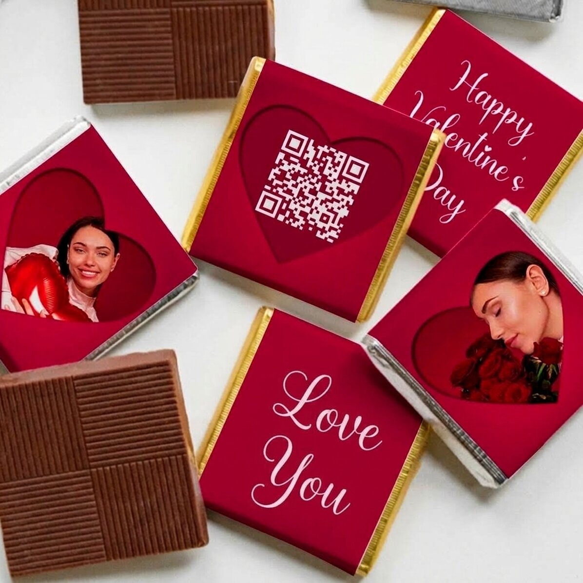 Set mit 5 personalisierten Mini-Schokoladen mit Fotos, QR-Code und Text – Love