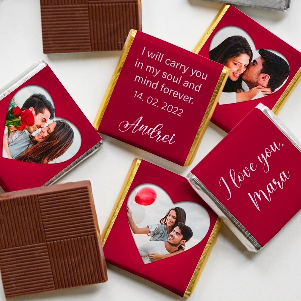 Set mit 5 personalisierten Mini-Pralinen mit Fotos und Text – Love