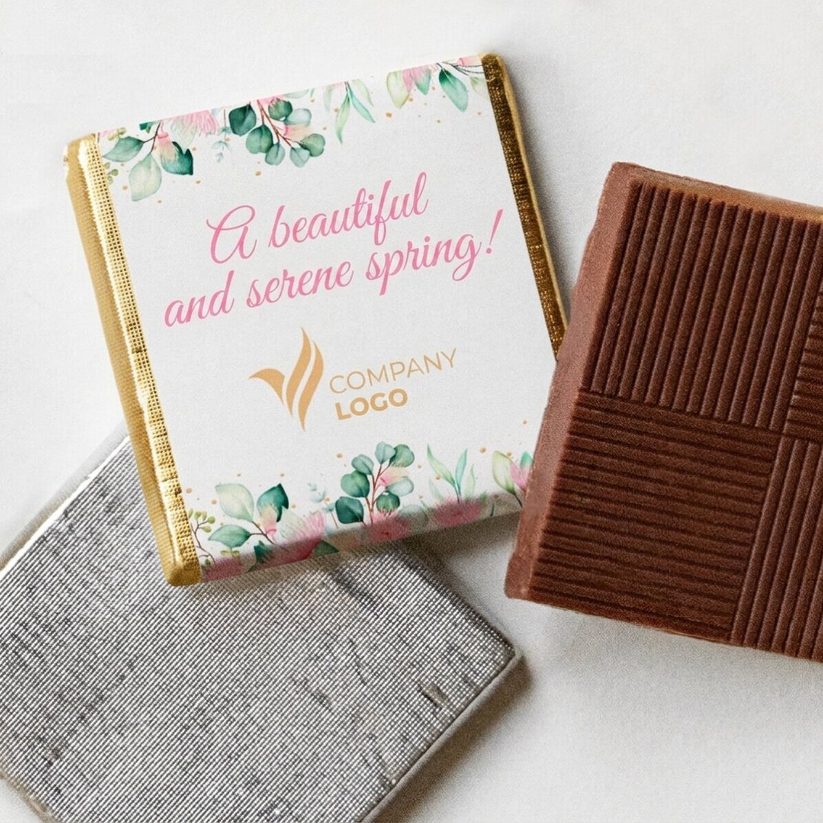 Personalisierte Mini-Schokolade mit Logo und Text – Einen schönen Frühling